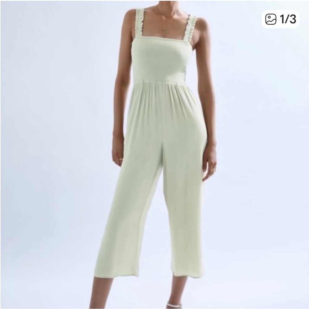 Aritzia Light Sage Smocked-Strap Wide-Leg Jumpsuit
